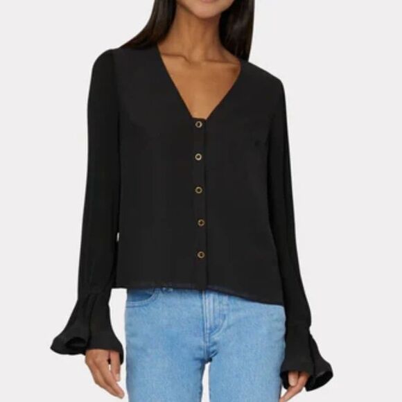 NWT Milly Greer Black Chiffon Long Sleeve Button Front Top Size MEDIUM - Picture 1 of 11